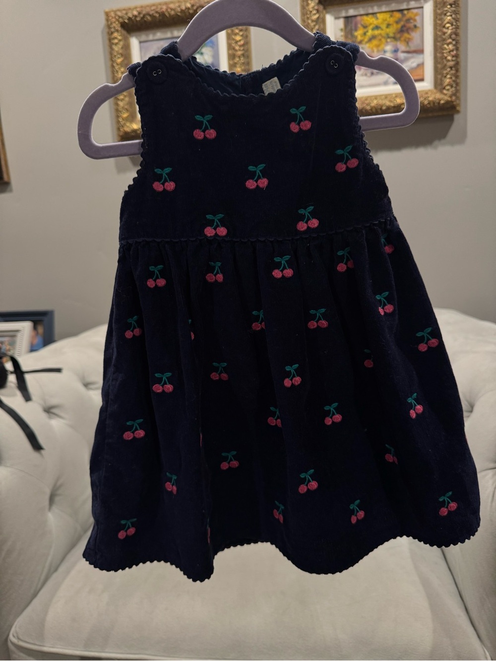 JoJo Maman Bebe Navy Dress with Pink Cherry Embroidery